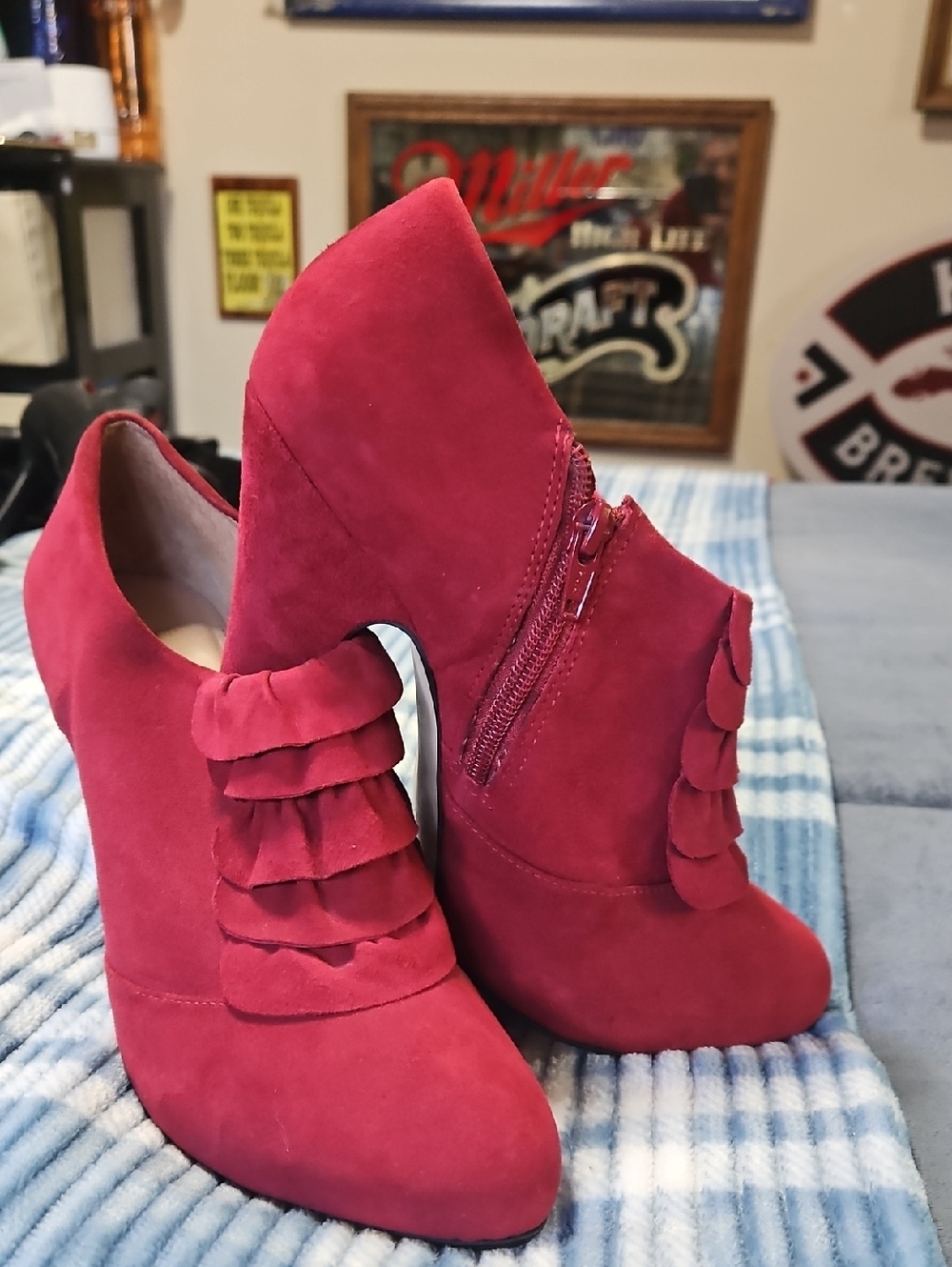 Topshop Red Suede Ruffle Heeled Ankle Boots